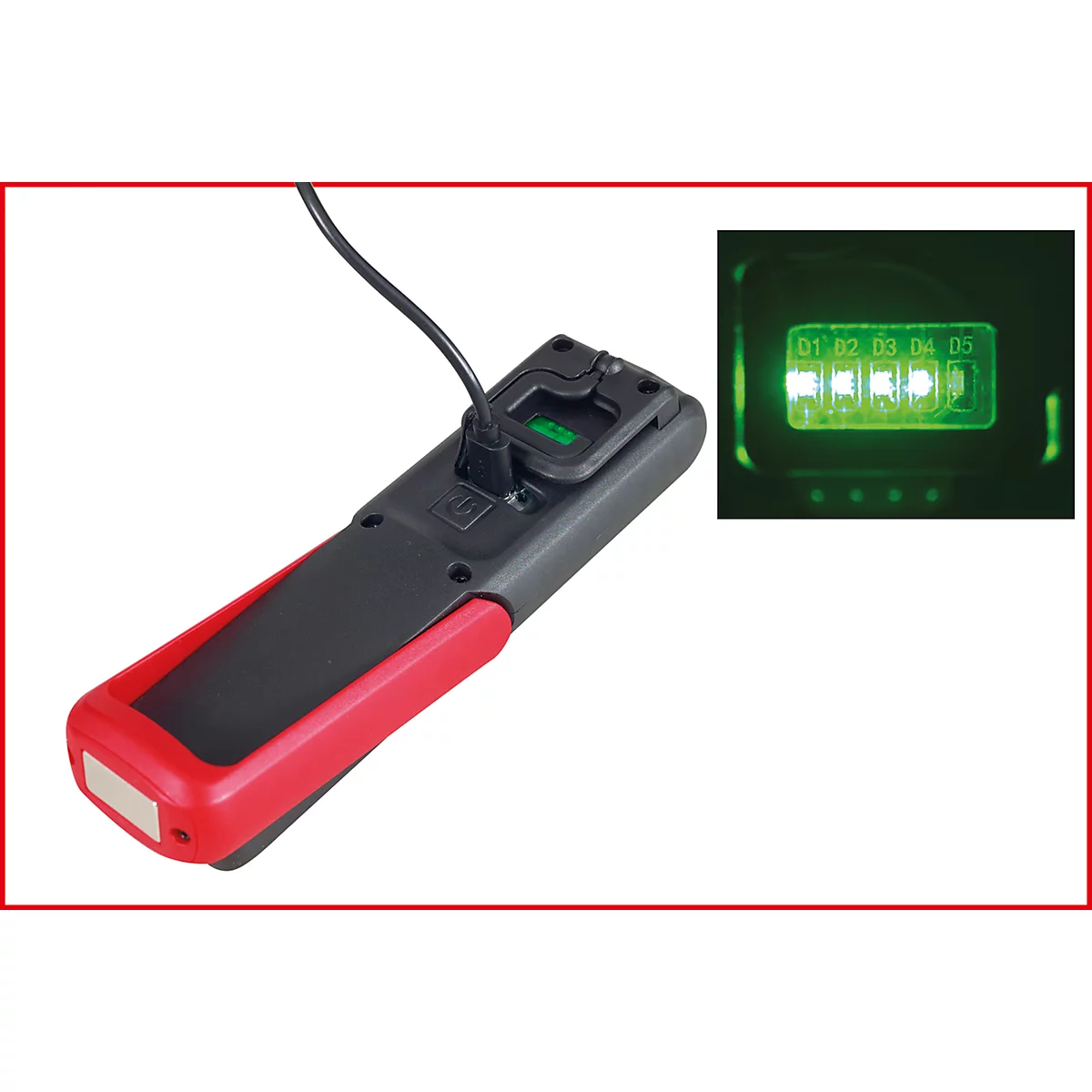 Rood-zwart meetapparaat met ingevoegde kabel, groen verlicht display.